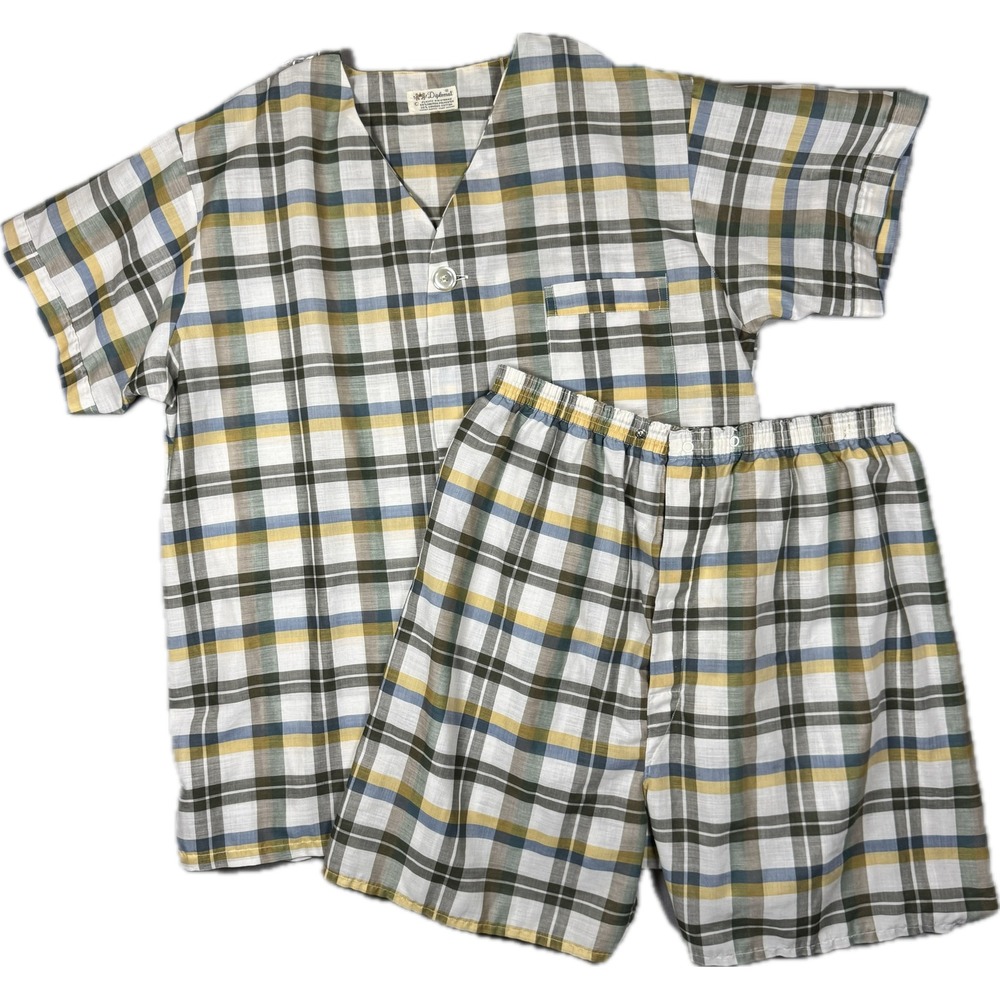 Vtg Diplomat Pajama Set Men's M Multicolor Plaid Short Sleeve V-Neck Shorts